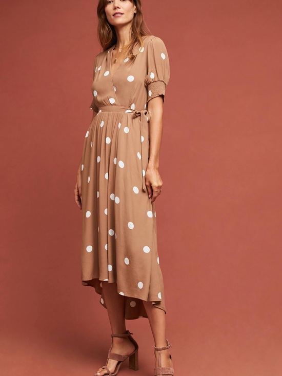 Maeve Dresses & Skirts - Maeve by Anthropologie Polka Dot Tie-Waist Midi Dress in Tan with White Dots